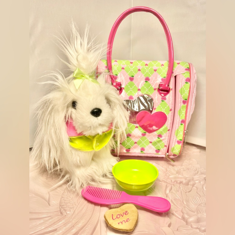 Pucci Pups by Battat White Maltese Puppy, Pink/Green Pet Carrier and Accessories